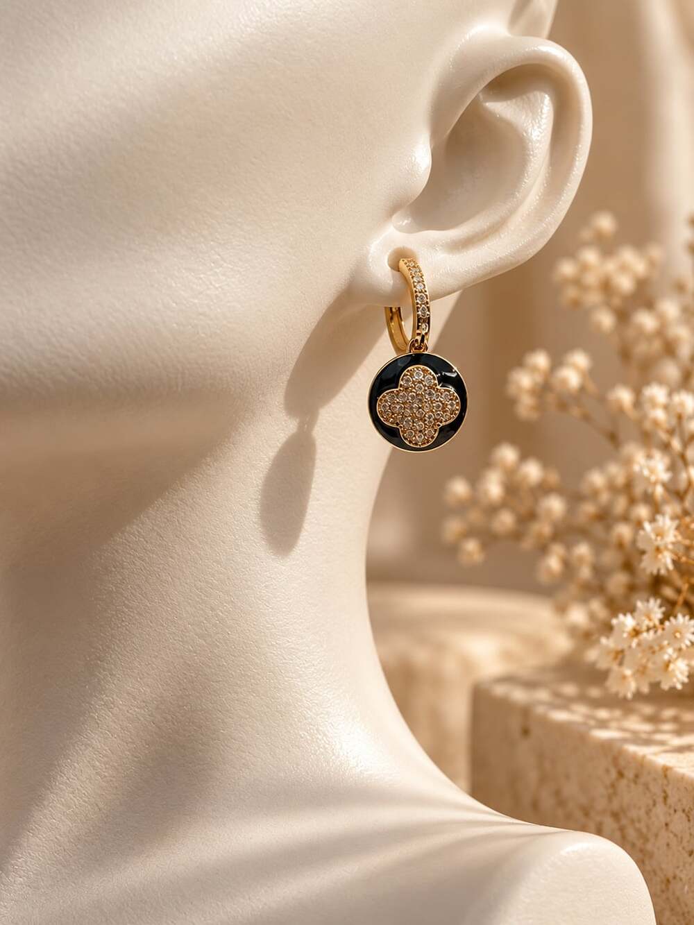 Gold Plated Clover Dangle Hoop Earrings black
